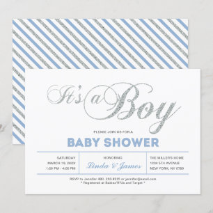 Zilver, blauw   Modern Typografie Boy Baby shower Kaart