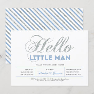 Zilver, blauw   Modern Typografie Boy Baby shower Kaart