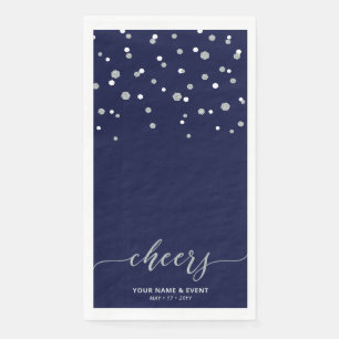 Zilver Blauw Stijlvol Schrift Confetti Proost Fees Servet