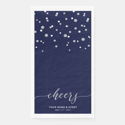 Zilver Blauw Stijlvol Schrift Confetti Proost Fees Servet (Voorkant)