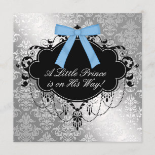 Zilver Blauw Zwarte Prins Jongens Baby Shower Kaart