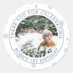 Zilver & Blauwe Sneeuwvlok 1e Verjaardagsfeestje Ronde Sticker