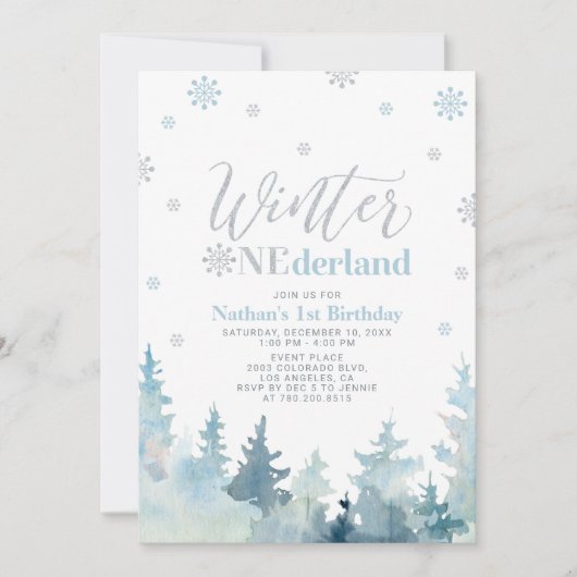 Zilver & Blauwe Winter onederland 1e verjaardagsfe Kaart (Voorkant)