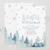 Zilver & Blauwe Winter onederland 1e verjaardagsfe Kaart (Voorkant / Achterkant)