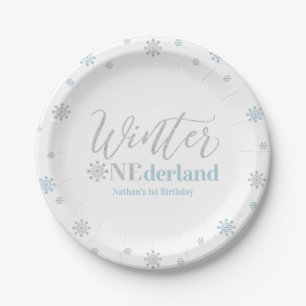 Zilver & Blauwe Winter Onederland 1e Verjaardagsfe Papieren Bordje