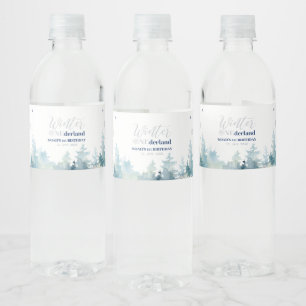 Zilver & Blauwe Winter Wonderland 1e Verjaardagsfe Waterfles Etiket