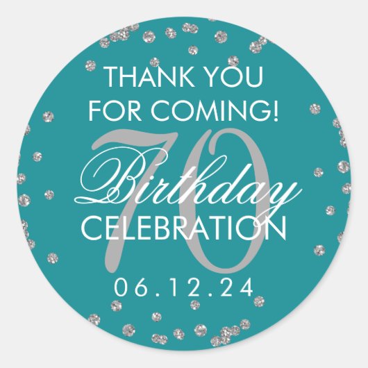 Zilver Blauwgroen 70e Verjaardag Dank u Confetti Ronde Sticker (Voorkant)