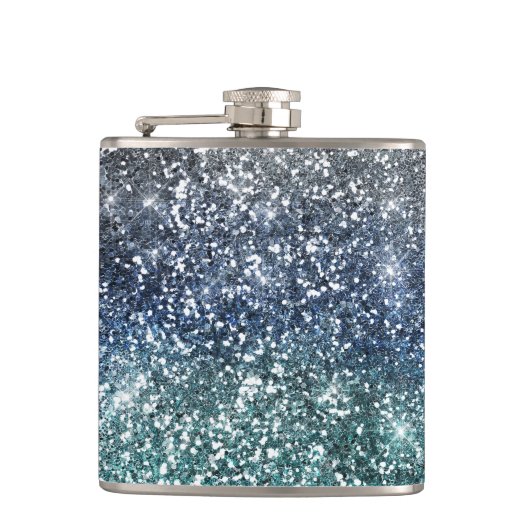 Zilver Blauwgroen blauwe glitter look Heupfles (Voorkant)