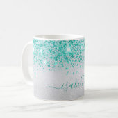 Zilver blauwgroen glitter sparkles name script koffiemok (Voorkant links)