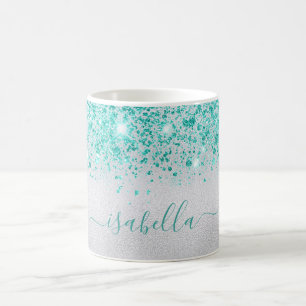 Zilver blauwgroen glitter sparkles name script koffiemok