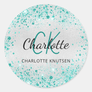 Zilver blauwgroen glitterstof groene monogram naam ronde sticker