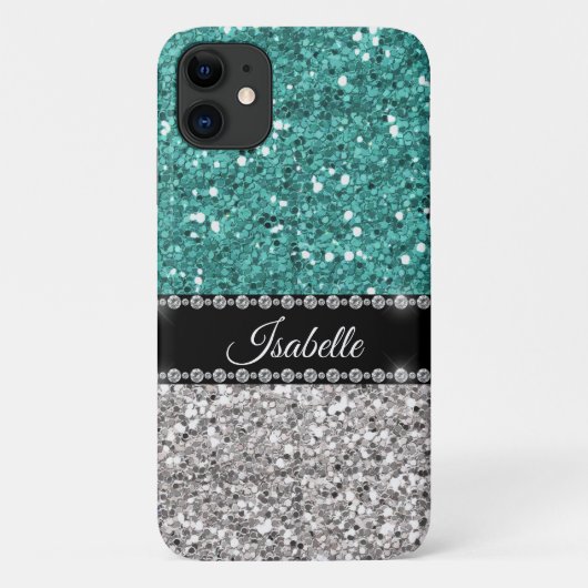 Zilver Blauwgroen Sparkle Glam Bling Personeel Case-Mate iPhone Case (Achterkant)