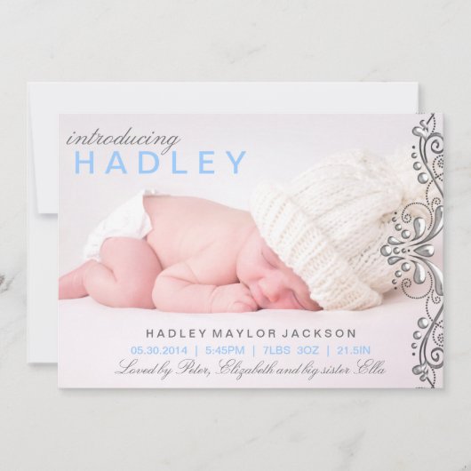 Zilver & Blue Damask Birth Announement Aankondiging (Voorkant)