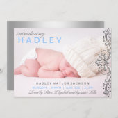 Zilver & Blue Damask Birth Announement Aankondiging (Voorkant / Achterkant)