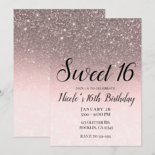 Zilver & Blush Roze Glitter Glans Glam Sweet 16 Kaart