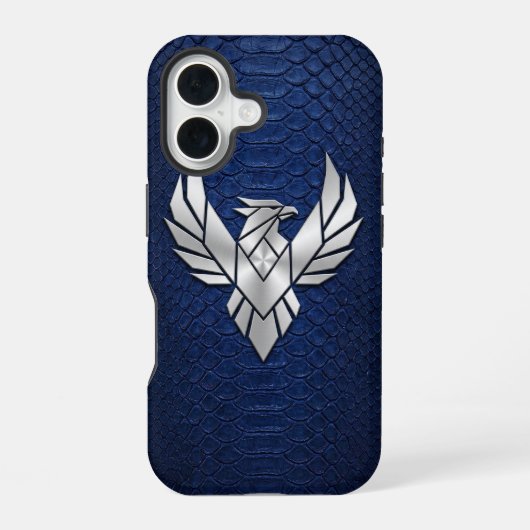 Zilver Chrome Geometrische Phoenix Blauwe Python i iPhone 16 Hoesje (Achterkant)