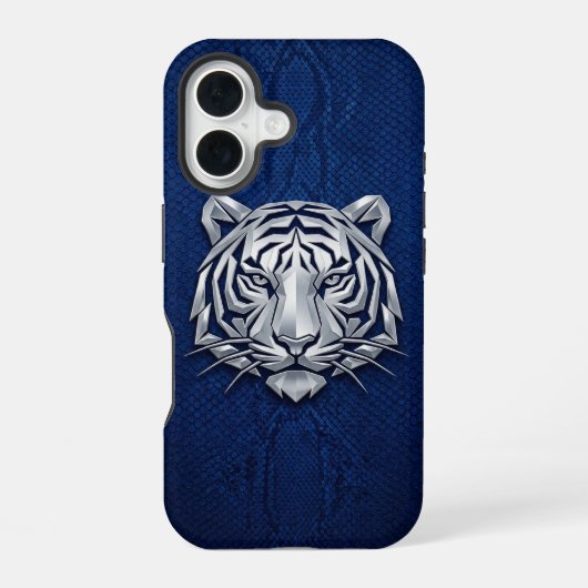 Zilver Chrome Geometrische Tijger Blauwe Python iP iPhone 16 Hoesje (Achterkant)