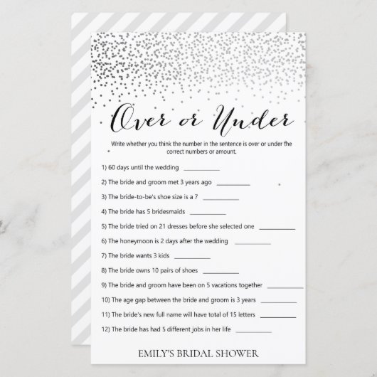 Zilver Confetti Vrijgezellenfeest Game PRINED (Voorkant / Achterkant)