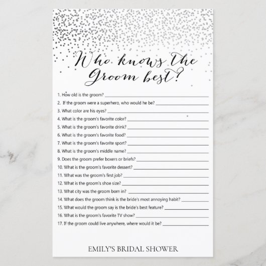 Zilver Confetti Vrijgezellenfeest Game PRINED (Voorkant)