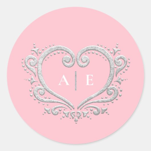 Zilver decoratieve monogram roze bruiloft ronde sticker (Voorkant)