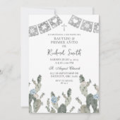 Zilver Dusty Blue Mexican Cactus Bautizo Kaart (Voorkant)