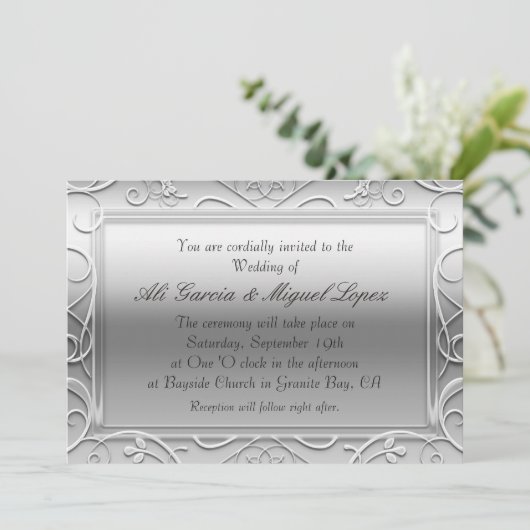 Zilver Elegante Glamour Wedding Event Uitnodiginge Kaart (Staand voorkant)