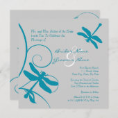 Zilver en Aqua Blue Dragonfly Wedding Uitnodiging (Voorkant / Achterkant)