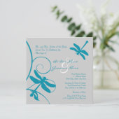Zilver en Aqua Blue Dragonfly Wedding Uitnodiging (Staand voorkant)