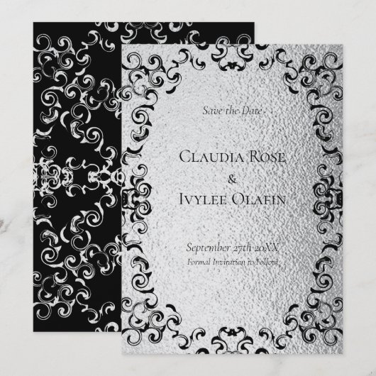 Zilver en Black Swirl Gothic Wedding Kaart (Voorkant / Achterkant)