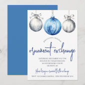 Zilver en blauw Ornament Exchange Holiday Party Kaart (Voorkant / Achterkant)