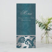 Zilver en Blauwgroen Damask II Bruiloft Menu Kaart (Staand voorkant)