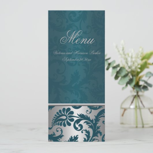 Zilver en Blauwgroen Damask II Bruiloft Menu Kaart (Staand voorkant)