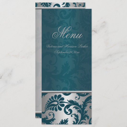 Zilver en Blauwgroen Damask II Bruiloft Menu Kaart (Voorkant / Achterkant)