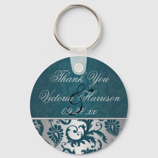 Zilver en Blauwgroen Damask II Wedding Favor Sleut Sleutelhanger (Voorkant)