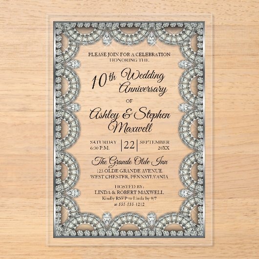 Zilver en Diamond 10de bruiloft Jubileum Party Acryl Uitnodigingen (Voorkant)