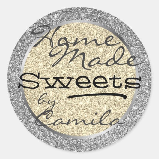 Zilver- en goudglitter Home Made Homemade Text Ronde Sticker (Voorkant)