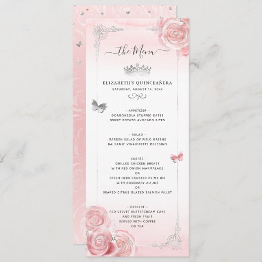Zilver en licht Blush roze rozen Elegant Floral Menu (Voorkant / Achterkant)