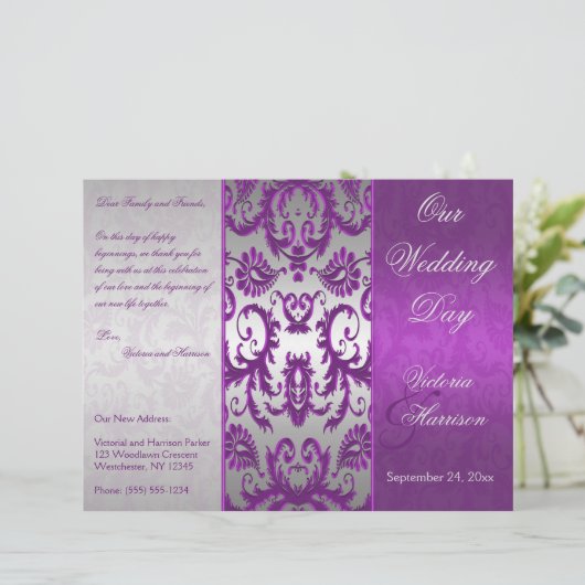 Zilver- en Paars Damask II Wedding Programme (Staand voorkant)