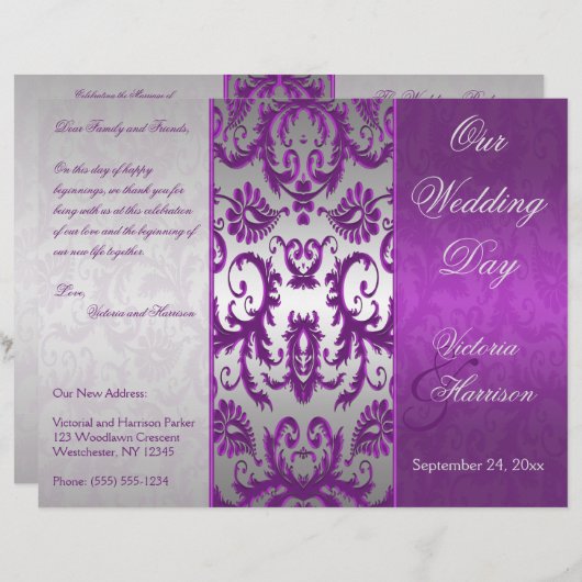 Zilver- en Paars Damask II Wedding Programme (Voorkant / Achterkant)