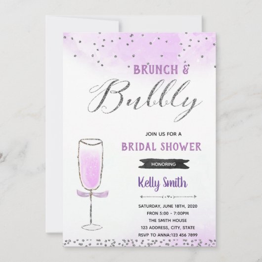 Zilver en paarse brunch en bubbelthema kaart (Voorkant)