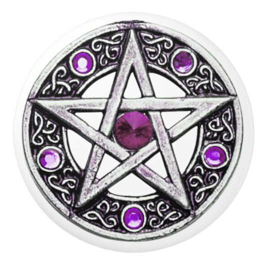Zilver en Paarse Pentagram keramische knop (Voorkant)