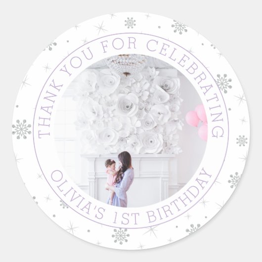 Zilver en Paarse sneeuwvlok 1e verjaardag foto Ronde Sticker (Voorkant)