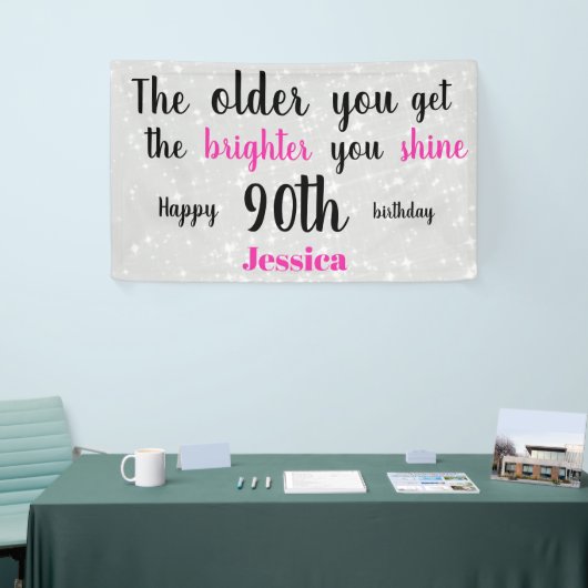 Zilver en roze 90e verjaardag gepersonaliseerd spandoek (Beurs)