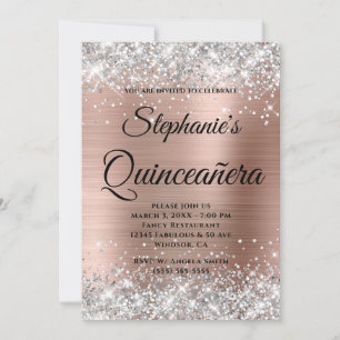 Zilver en roze gouden fancy monogram Quinceañera Kaart