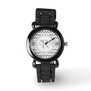 Zilver en Wit ZigZag Chevron Monogram Horloge