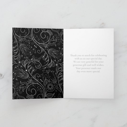 Zilver en Zwart Elegant Bloemen Bruiloft Bedankkaart (Binnen)