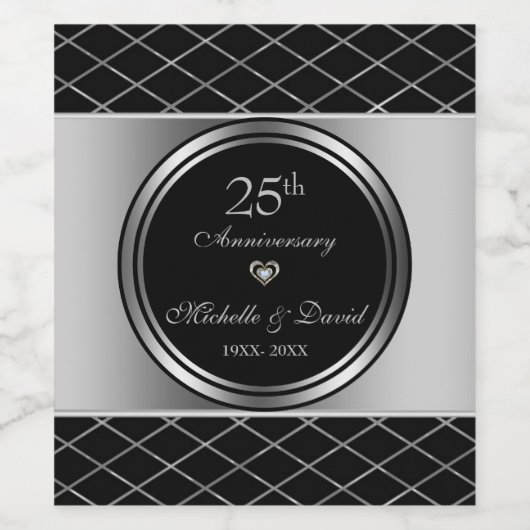 Zilver en zwart geometrische vorm- 25e Jubileum Wijn Etiket (Enkel label)