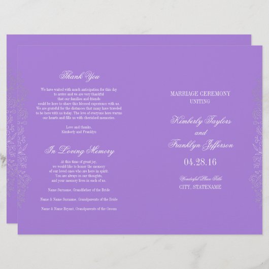 Zilver Floral Paars Wedding Programma's (Voorkant / Achterkant)