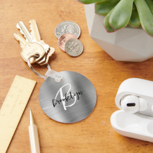 Zilver Geborsteld Metaal Zwart Wit Script Monogram Sleutelhanger