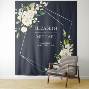Zilver Geometrisch Marineblauw Witte Bloem Bruilof Wandkleed